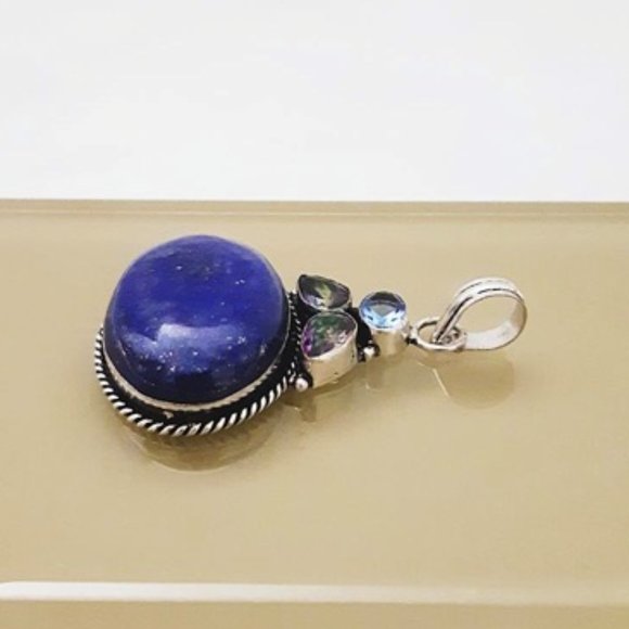 Blue Lapis Lazuli (pd7) Multicolor Tourmaline Pendant 925 Silver Plated Jewelry - Picture 4 of 7